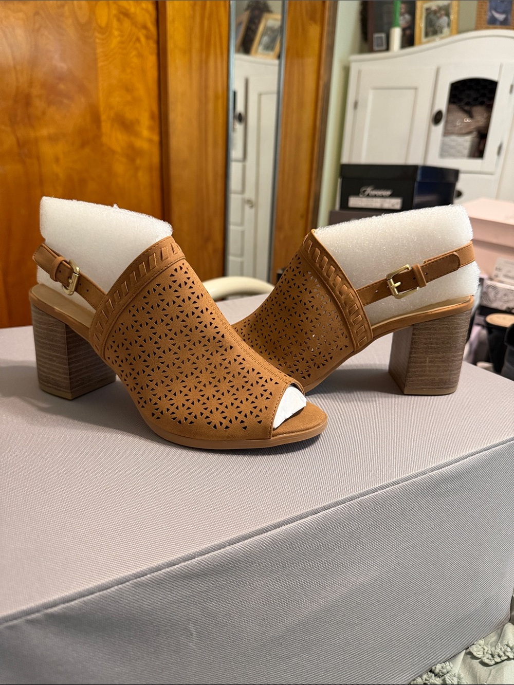 CL by Laundry Tan Perforated Block Heel Sandals